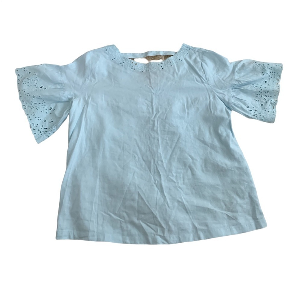 LOFT | Linen Blend Light Blue Blouse  Flare Sleeve Cutouts Design Large